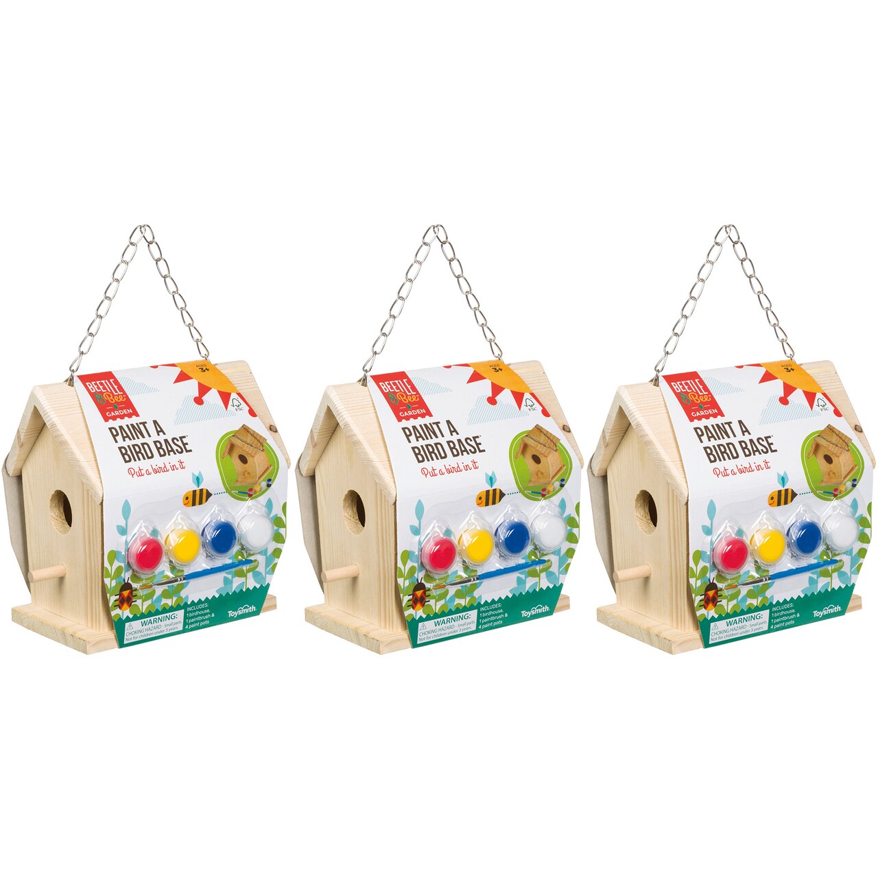 Toysmith Beetle & Bee Paint A Bird Base - DIY Kid Art Craft Outdoor Birdhouse Kit - 3 Pack